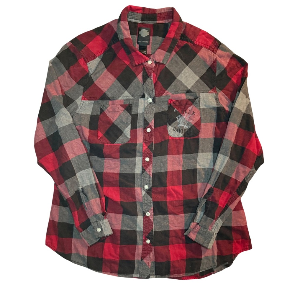 Harley-Davidson Buffalo Plaid Flannel Shirt Womens 2XL Red Black Eagle Graphic